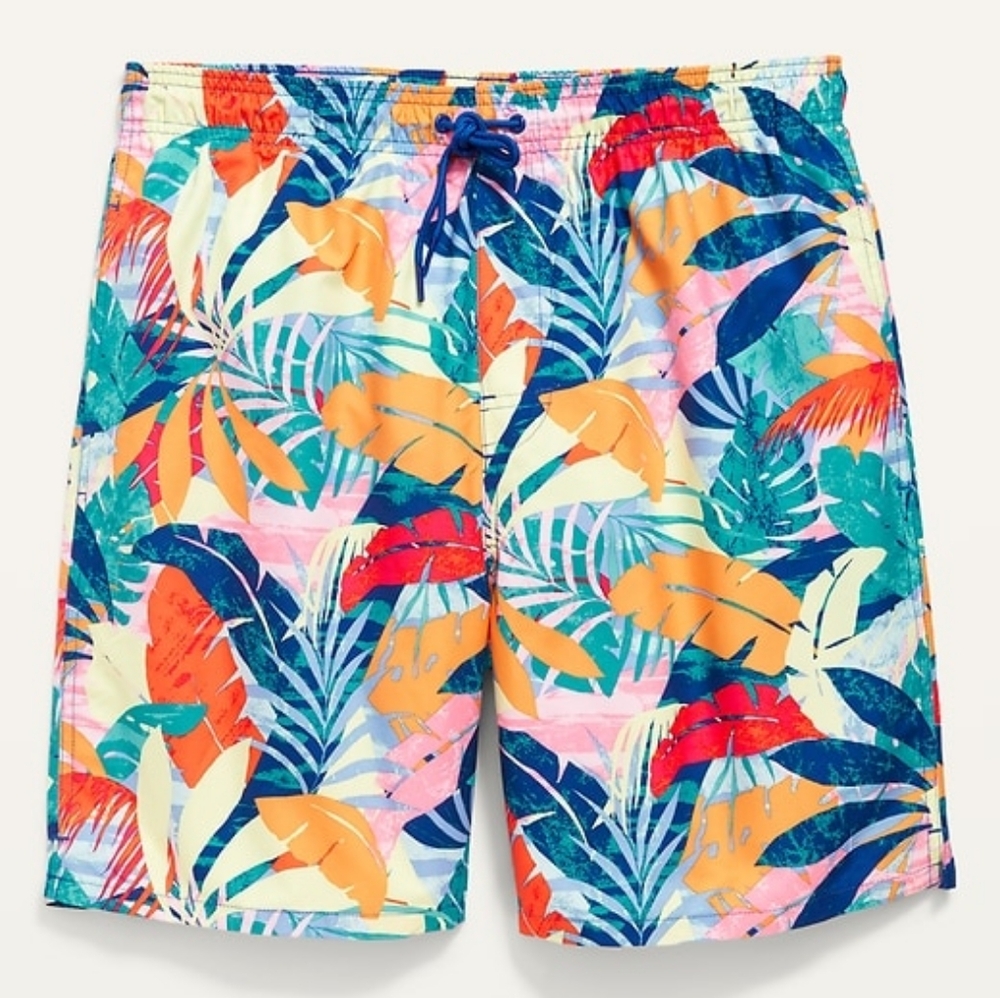 Old Navy Boys Tropical Leaf Print Swim Trunks - Teal, Orange, Pink, Navy L-10/12